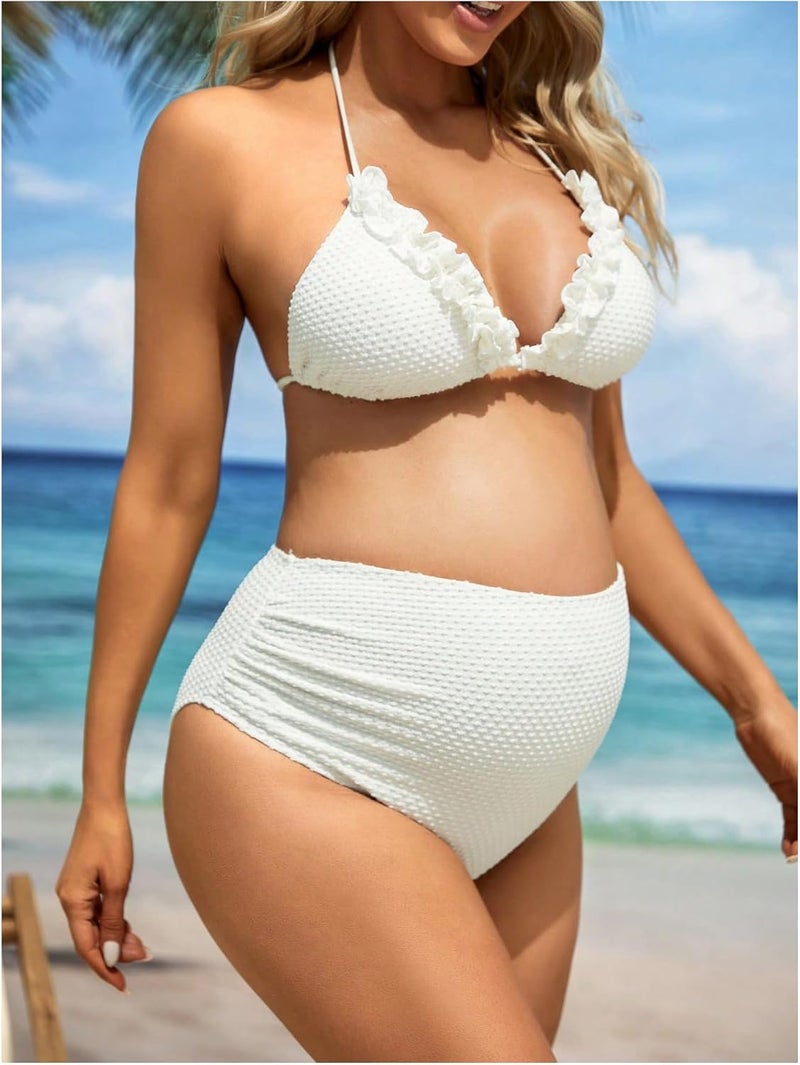 BEAUDRM Store Women's Maternity 3 Pieces Swimsuit Textured Ruffle Trim Halter Bikini Set with Beach Skirt - Image 3